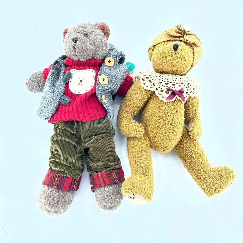 2 Vintage Russ Berrie Jointed Plush Boy Girl‎ Bears Cords Lace Pair Stands 14